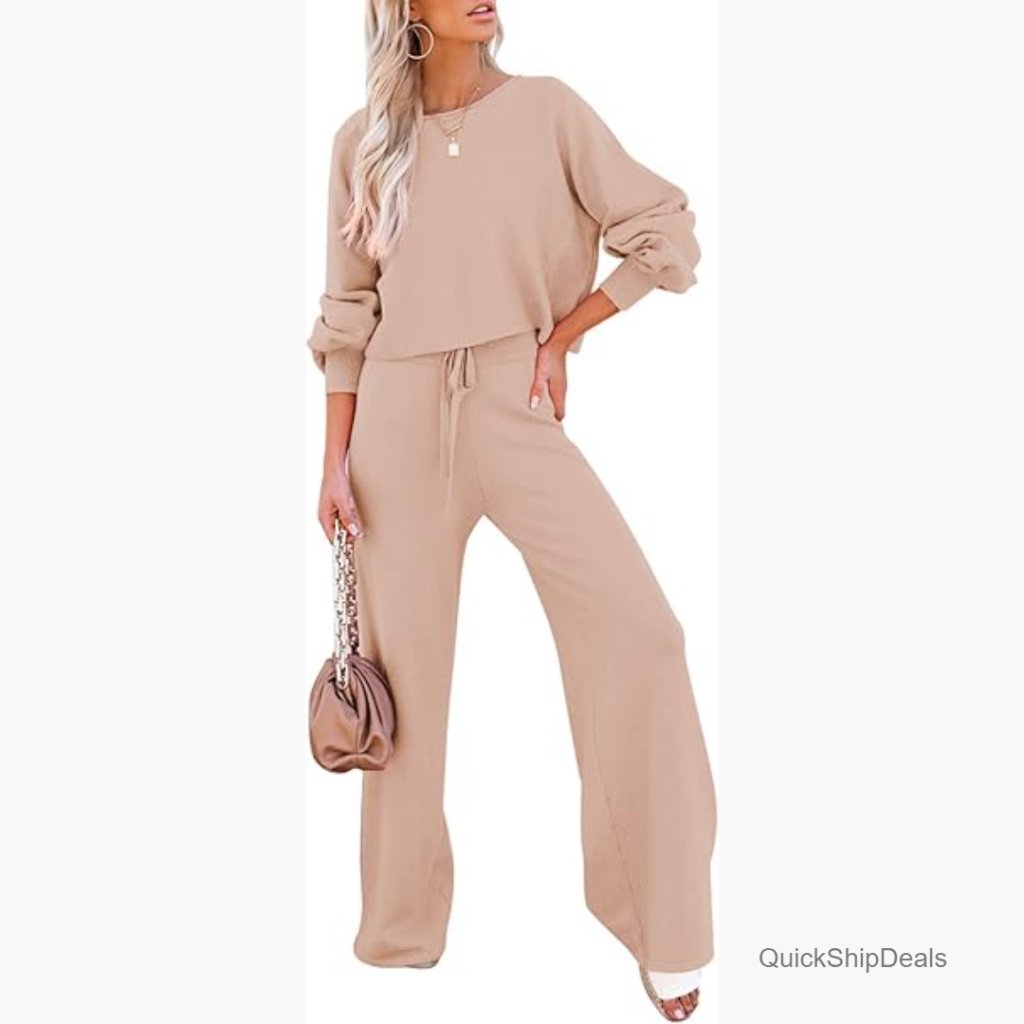Rayon Nylon Sweatsuit Set Crop Top Wide Leg Pants Lounge Outfit